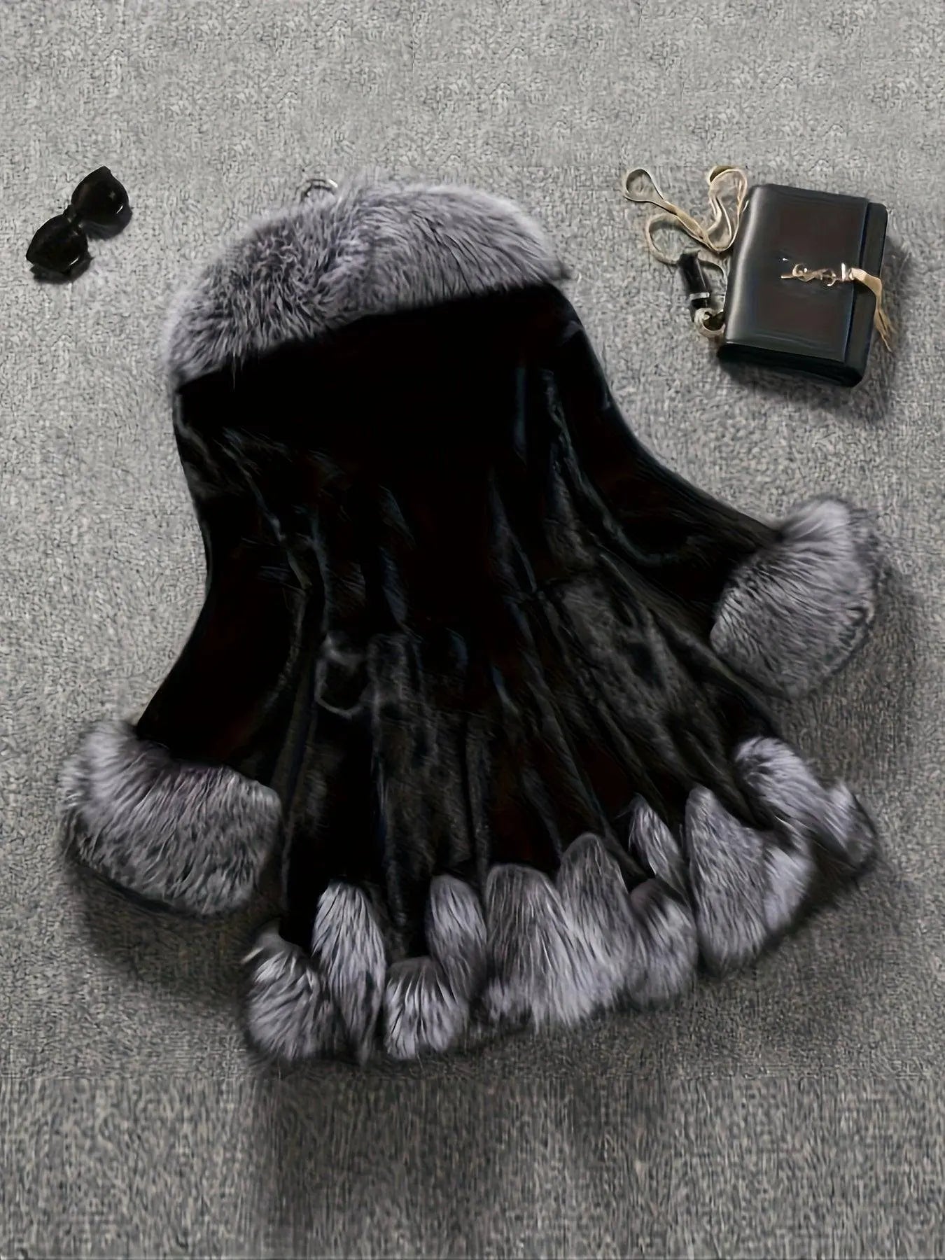 Casual Style Faux Fur Coat with Fox Fur Collar, Women'S Mid-Length Loose Fit Polyester Coat with Pockets, Fall/Winter Knitted Fabric Outerwear SS69
