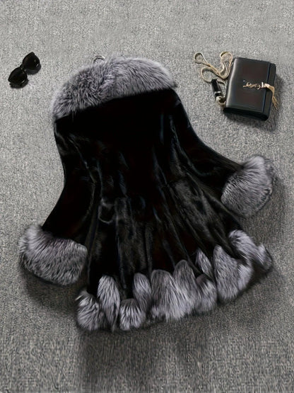 Casual Style Faux Fur Coat with Fox Fur Collar, Women'S Mid-Length Loose Fit Polyester Coat with Pockets, Fall/Winter Knitted Fabric Outerwear SS69