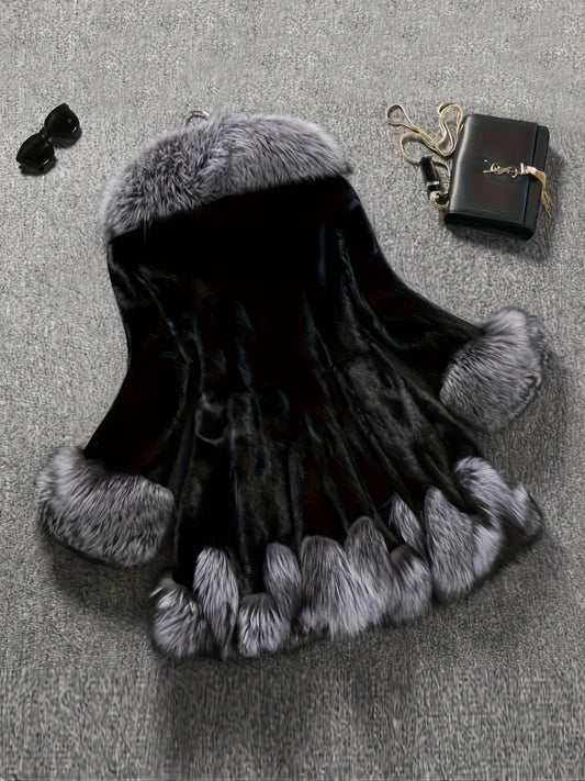 Casual Style Faux Fur Coat with Fox Fur Collar, Women'S Mid-Length Loose Fit Polyester Coat with Pockets, Fall/Winter Knitted Fabric Outerwear SS69