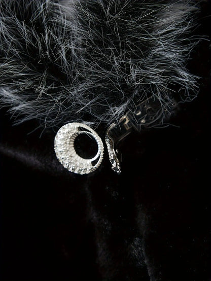 Casual Style Faux Fur Coat with Fox Fur Collar, Women'S Mid-Length Loose Fit Polyester Coat with Pockets, Fall/Winter Knitted Fabric Outerwear SS69