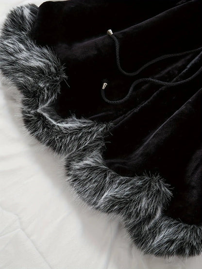 Casual Style Faux Fur Coat with Fox Fur Collar, Women'S Mid-Length Loose Fit Polyester Coat with Pockets, Fall/Winter Knitted Fabric Outerwear SS69