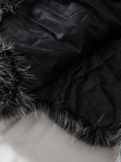 Casual Style Faux Fur Coat with Fox Fur Collar, Women'S Mid-Length Loose Fit Polyester Coat with Pockets, Fall/Winter Knitted Fabric Outerwear SS69