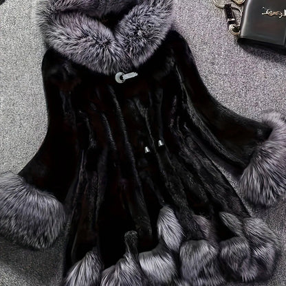 Casual Style Faux Fur Coat with Fox Fur Collar, Women'S Mid-Length Loose Fit Polyester Coat with Pockets, Fall/Winter Knitted Fabric Outerwear SS69