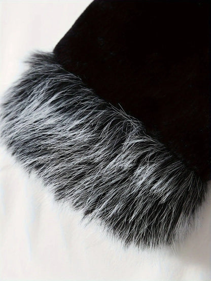 Casual Style Faux Fur Coat with Fox Fur Collar, Women'S Mid-Length Loose Fit Polyester Coat with Pockets, Fall/Winter Knitted Fabric Outerwear SS69