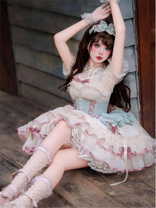 Charming Princess Lolita Dress for Women - Elegant Sleeveless Pleated Party Gown with Ribbon Bow Detail, Polyester Mini Cake Skirt - No Short Sleeve Top, Gloves, or Headwear Included SS69