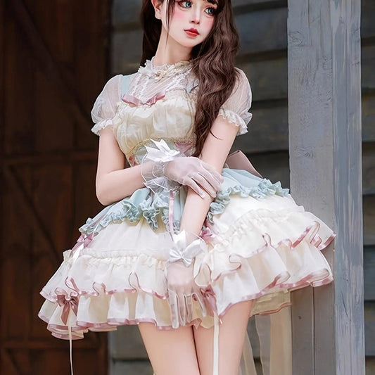 Charming Princess Lolita Dress for Women - Elegant Sleeveless Pleated Party Gown with Ribbon Bow Detail, Polyester Mini Cake Skirt - No Short Sleeve Top, Gloves, or Headwear Included SS69