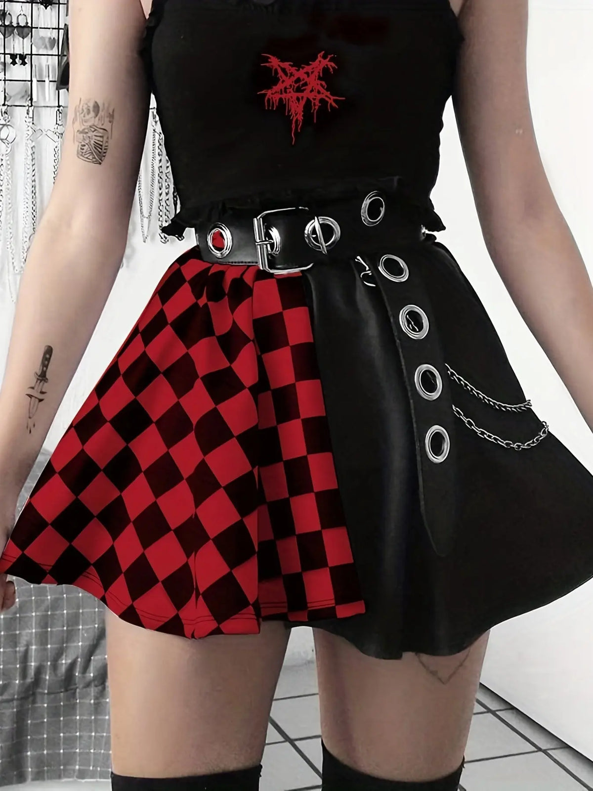 Chessboard Print Splicing Skirt, Gothic Ruched Punk Mini Skirt Without Belt, Women's Clothing - SS69