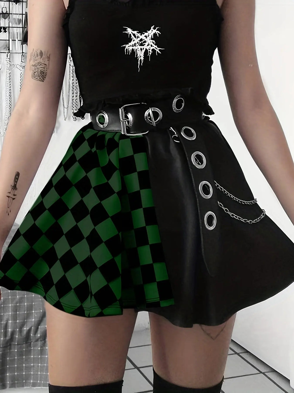 Chessboard Print Splicing Skirt, Gothic Ruched Punk Mini Skirt Without Belt, Women's Clothing - SS69