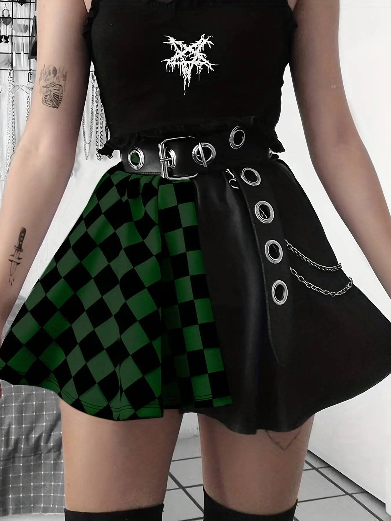 Chessboard Print Splicing Skirt, Gothic Ruched Punk Mini Skirt Without Belt, Women's Clothing - SS69