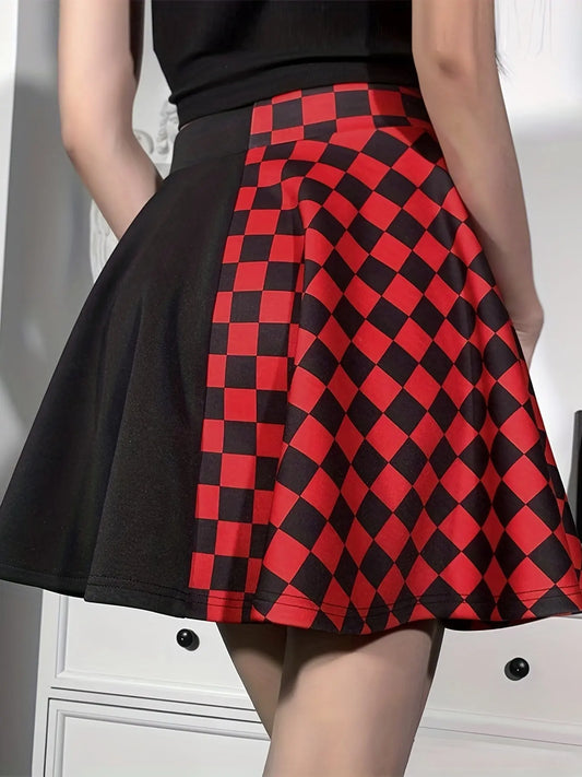 Chessboard Print Splicing Skirt, Gothic Ruched Punk Mini Skirt Without Belt, Women's Clothing - SS69