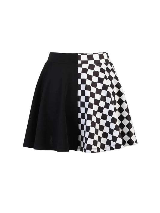 Chessboard Print Splicing Skirt, Gothic Ruched Punk Mini Skirt Without Belt, Women's Clothing - SS69