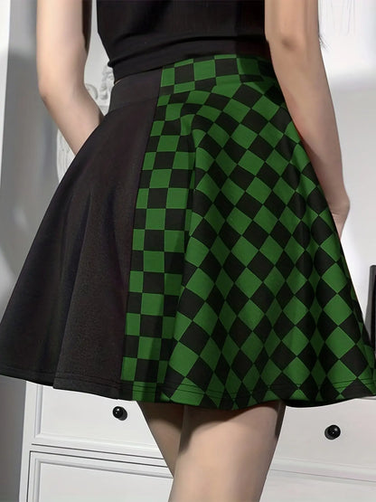 Chessboard Print Splicing Skirt, Gothic Ruched Punk Mini Skirt Without Belt, Women's Clothing - SS69