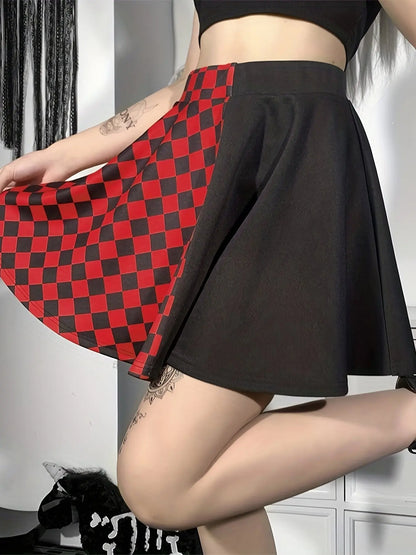 Chessboard Print Splicing Skirt, Gothic Ruched Punk Mini Skirt Without Belt, Women's Clothing - SS69