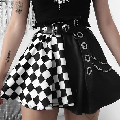 Chessboard Print Splicing Skirt, Gothic Ruched Punk Mini Skirt Without Belt, Women's Clothing - SS69