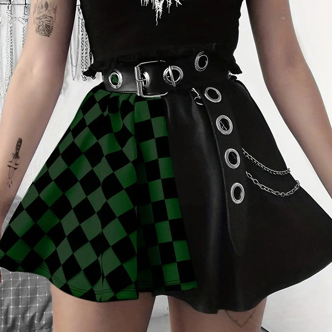 Chessboard Print Splicing Skirt, Gothic Ruched Punk Mini Skirt Without Belt, Women's Clothing - SS69