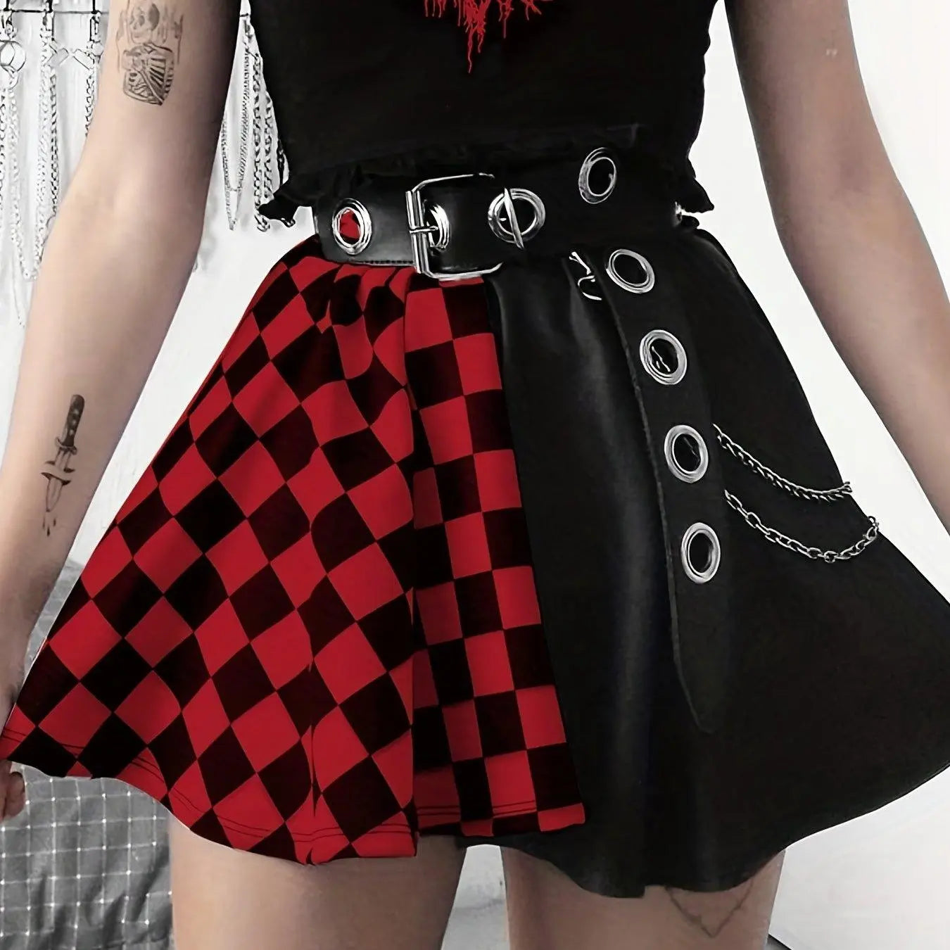 Chessboard Print Splicing Skirt, Gothic Ruched Punk Mini Skirt Without Belt, Women's Clothing - SS69
