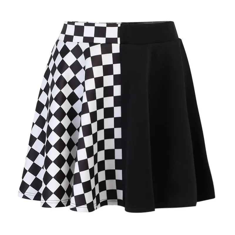 Chessboard Print Splicing Skirt, Gothic Ruched Punk Mini Skirt Without Belt, Women's Clothing - SS69
