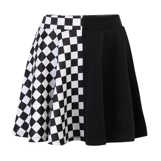 Chessboard Print Splicing Skirt, Gothic Ruched Punk Mini Skirt Without Belt, Women's Clothing - SS69