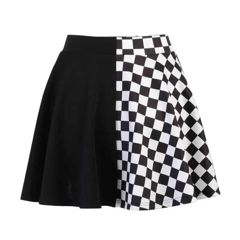 Chessboard Print Splicing Skirt, Gothic Ruched Punk Mini Skirt Without Belt, Women's Clothing - SS69