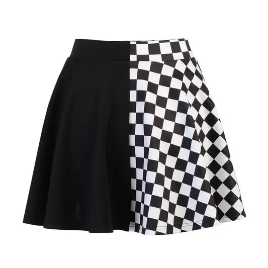 Chessboard Print Splicing Skirt, Gothic Ruched Punk Mini Skirt Without Belt, Women's Clothing - SS69