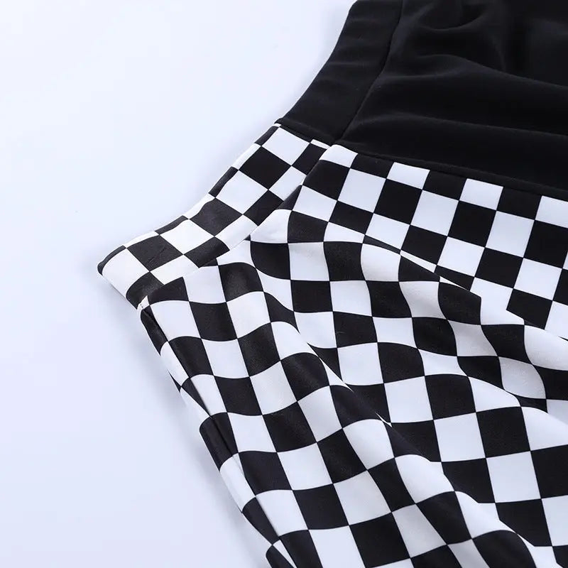 Chessboard Print Splicing Skirt, Gothic Ruched Punk Mini Skirt Without Belt, Women's Clothing - SS69