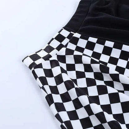 Chessboard Print Splicing Skirt, Gothic Ruched Punk Mini Skirt Without Belt, Women's Clothing - SS69