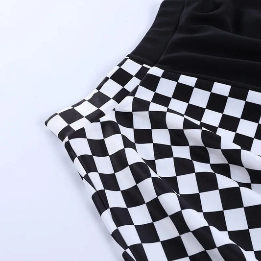 Chessboard Print Splicing Skirt, Gothic Ruched Punk Mini Skirt Without Belt, Women's Clothing - SS69