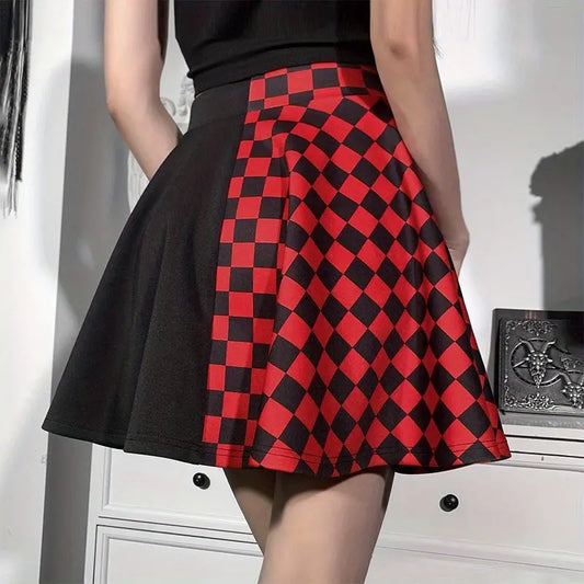 Chessboard Print Splicing Skirt, Gothic Ruched Punk Mini Skirt Without Belt, Women's Clothing - SS69