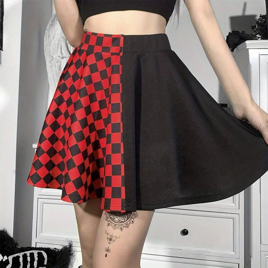 Chessboard Print Splicing Skirt, Gothic Ruched Punk Mini Skirt Without Belt, Women's Clothing - SS69