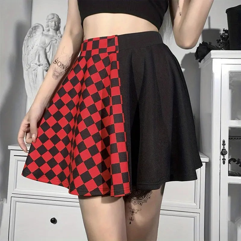 Chessboard Print Splicing Skirt, Gothic Ruched Punk Mini Skirt Without Belt, Women's Clothing - SS69