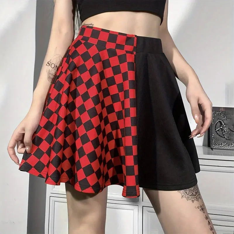 Chessboard Print Splicing Skirt, Gothic Ruched Punk Mini Skirt Without Belt, Women's Clothing - SS69