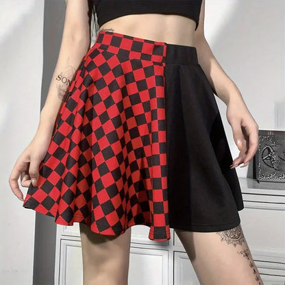 Chessboard Print Splicing Skirt, Gothic Ruched Punk Mini Skirt Without Belt, Women's Clothing - SS69