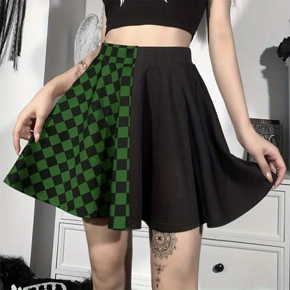 Chessboard Print Splicing Skirt, Gothic Ruched Punk Mini Skirt Without Belt, Women's Clothing - SS69