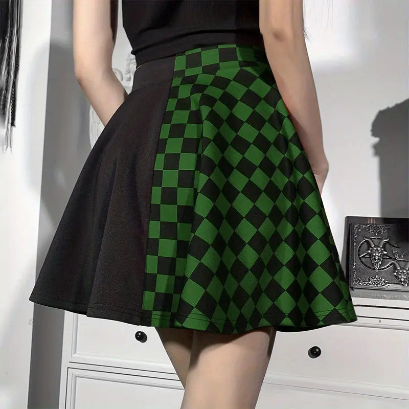 Chessboard Print Splicing Skirt, Gothic Ruched Punk Mini Skirt Without Belt, Women's Clothing - SS69