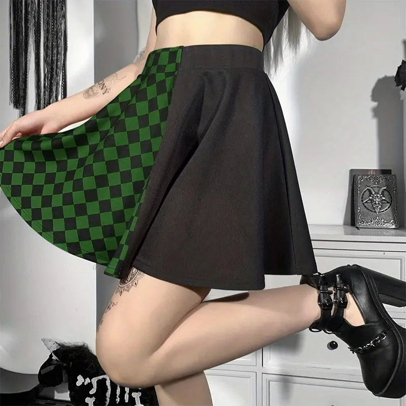 Chessboard Print Splicing Skirt, Gothic Ruched Punk Mini Skirt Without Belt, Women's Clothing - SS69
