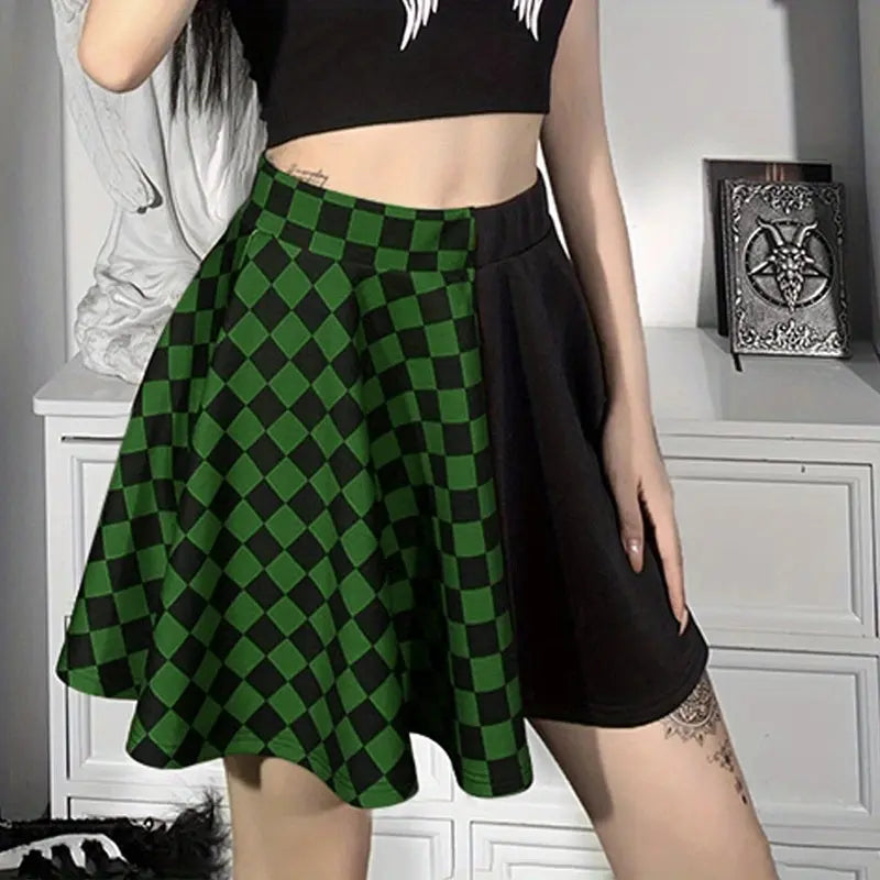 Chessboard Print Splicing Skirt, Gothic Ruched Punk Mini Skirt Without Belt, Women's Clothing - SS69