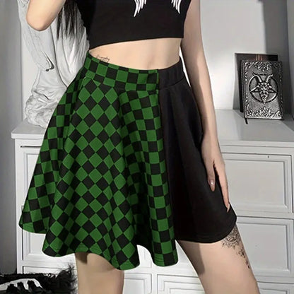 Chessboard Print Splicing Skirt, Gothic Ruched Punk Mini Skirt Without Belt, Women's Clothing - SS69