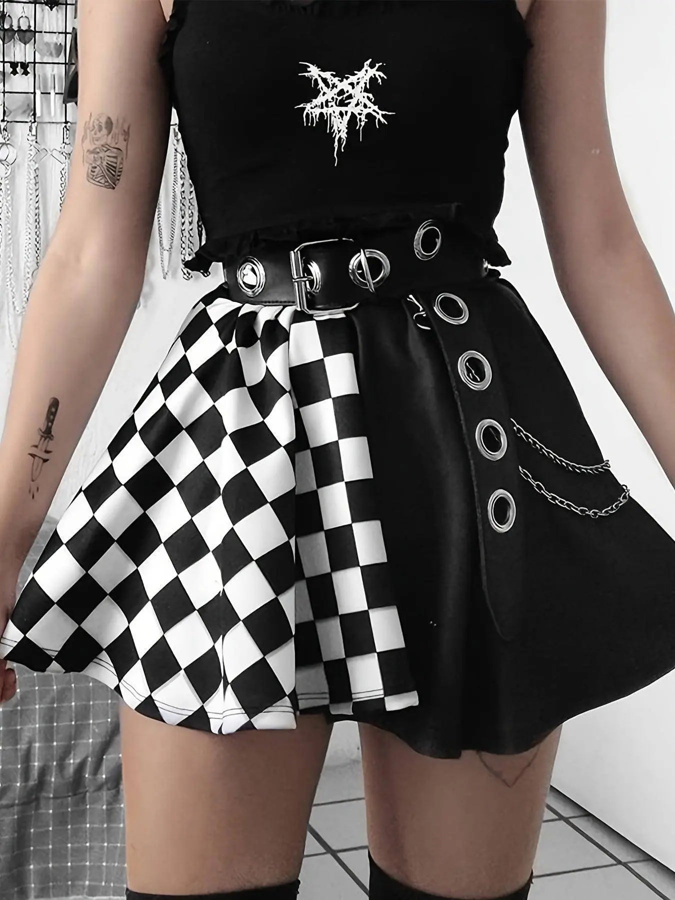Chessboard Print Splicing Skirt, Gothic Ruched Punk Mini Skirt Without Belt, Women's Clothing - SS69