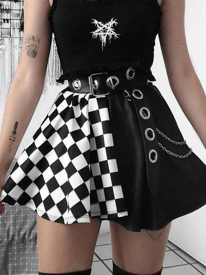 Chessboard Print Splicing Skirt, Gothic Ruched Punk Mini Skirt Without Belt, Women's Clothing - SS69
