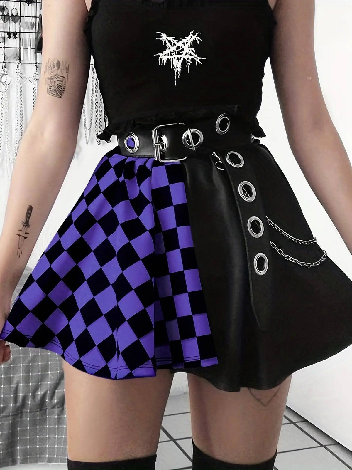 Chessboard Print Splicing Skirt, Gothic Ruched Punk Mini Skirt Without Belt, Women's Clothing - SS69