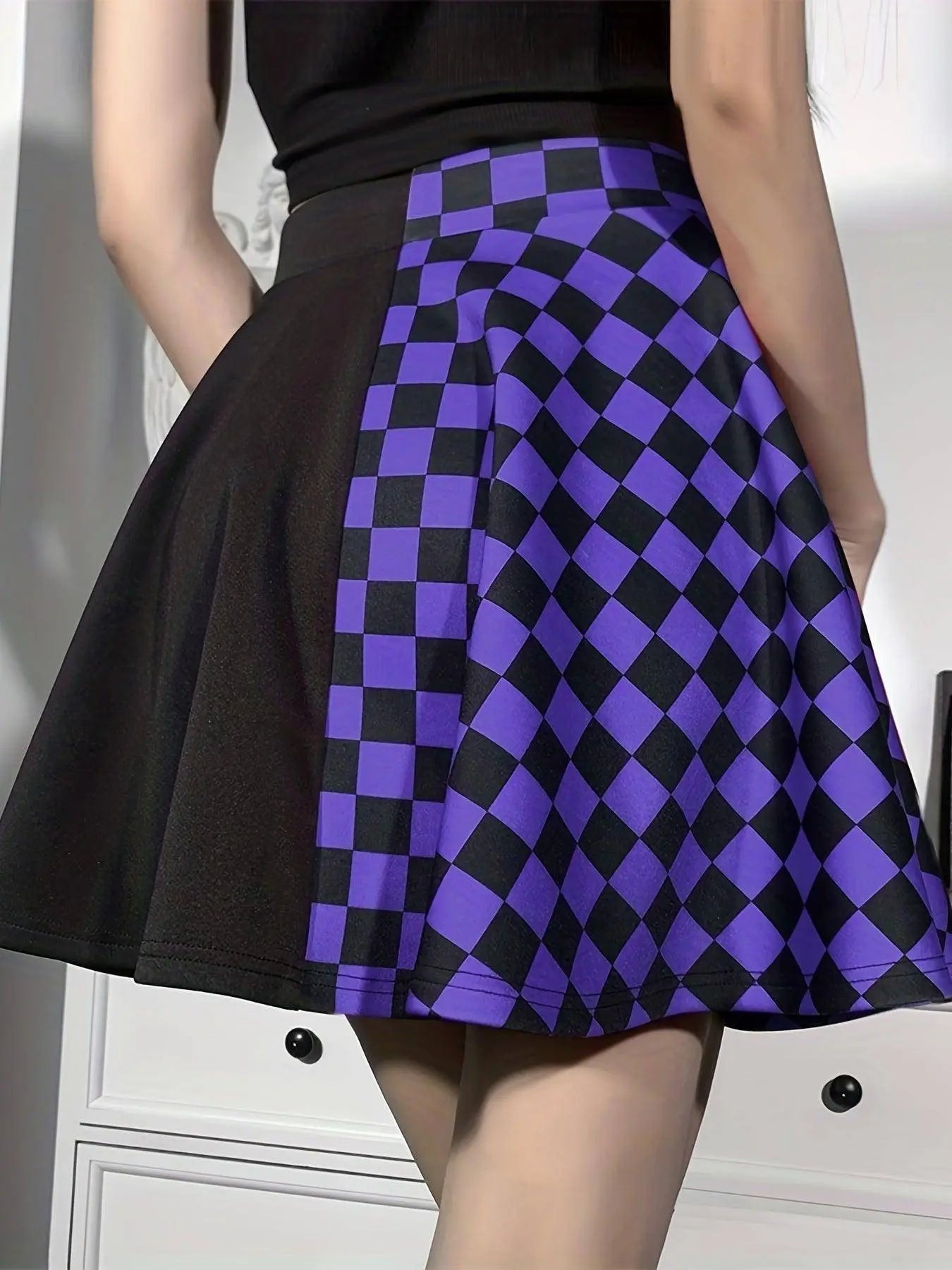 Chessboard Print Splicing Skirt, Gothic Ruched Punk Mini Skirt Without Belt, Women's Clothing - SS69