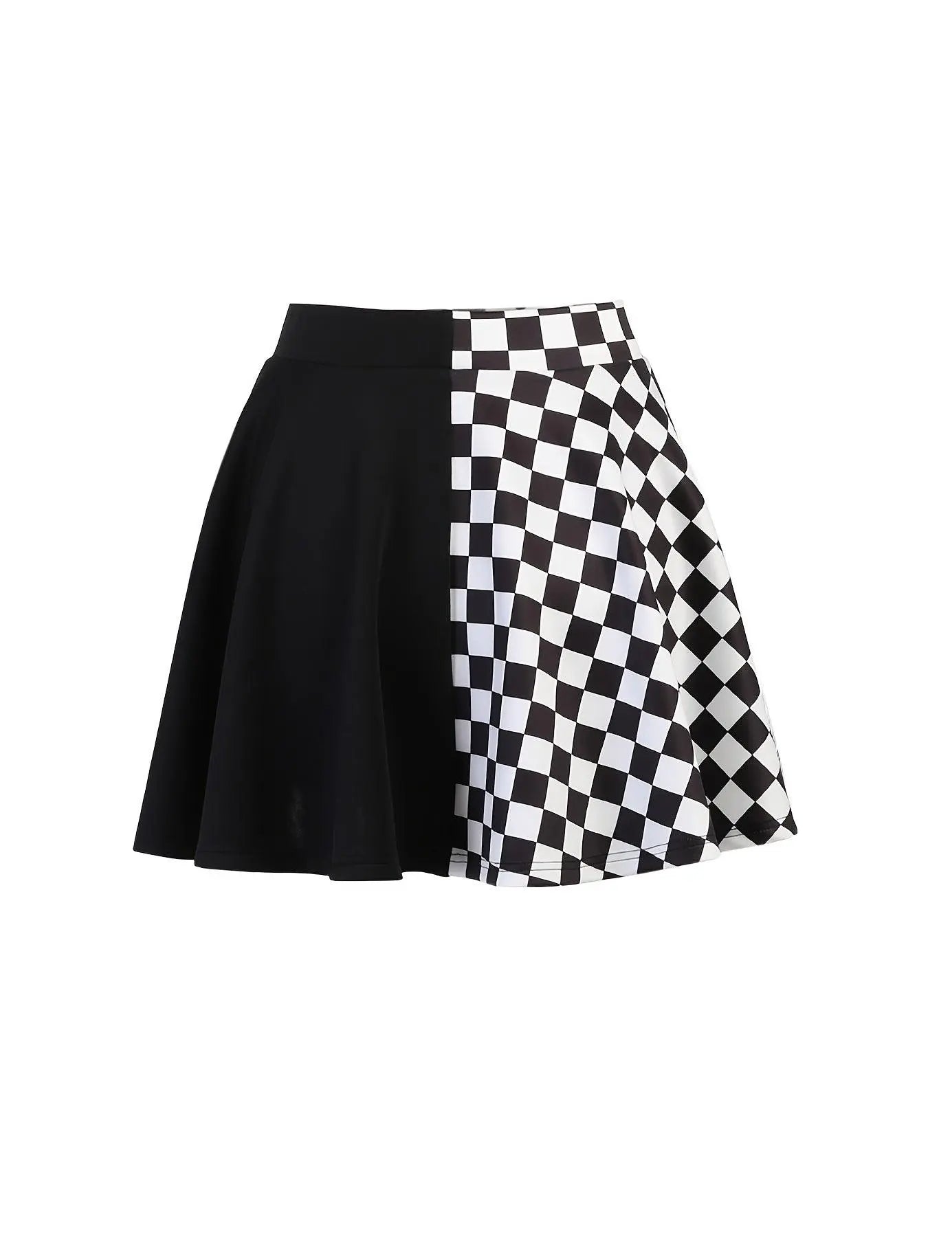 Chessboard Print Splicing Skirt, Gothic Ruched Punk Mini Skirt Without Belt, Women's Clothing - SS69