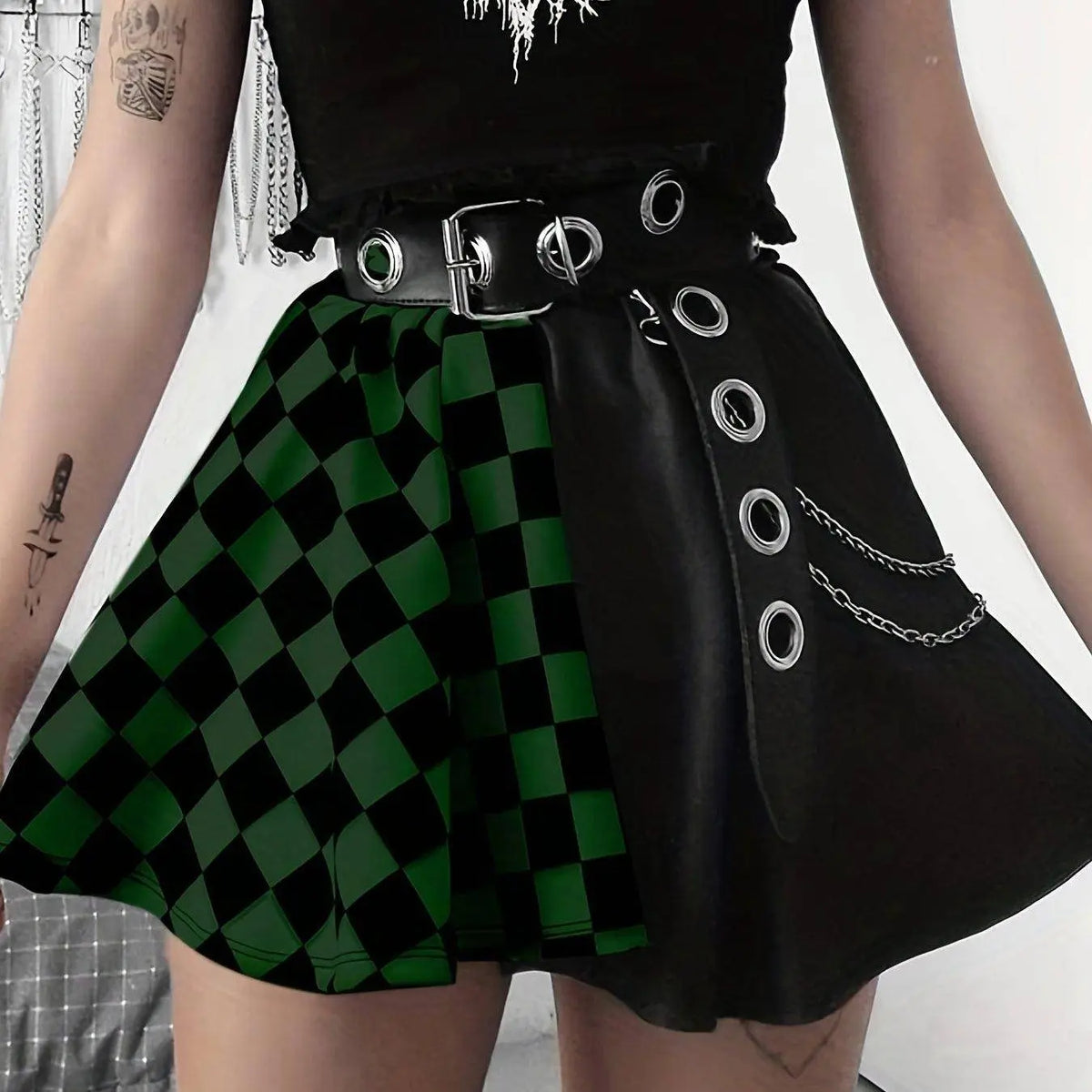 Chessboard Print Splicing Skirt, Gothic Ruched Punk Mini Skirt Without Belt, Women's Clothing - SS69
