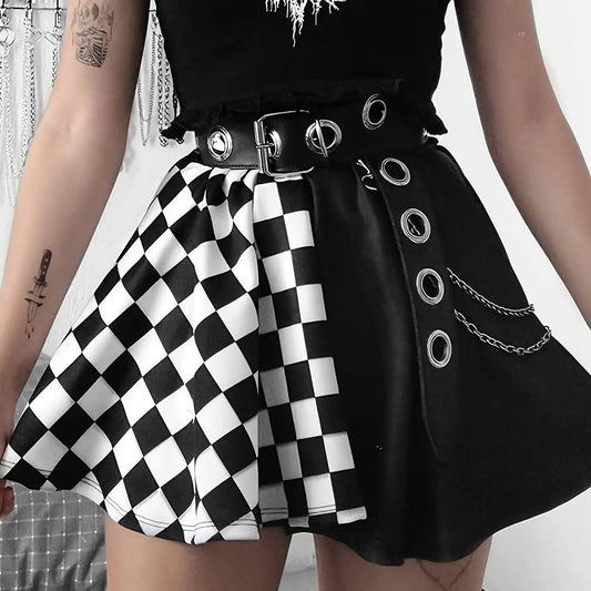 Chessboard Print Splicing Skirt, Gothic Ruched Punk Mini Skirt Without Belt, Women's Clothing - SS69