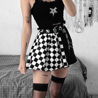 Chessboard Print Splicing Skirt, Gothic Ruched Punk Mini Skirt Without Belt, Women's Clothing - SS69