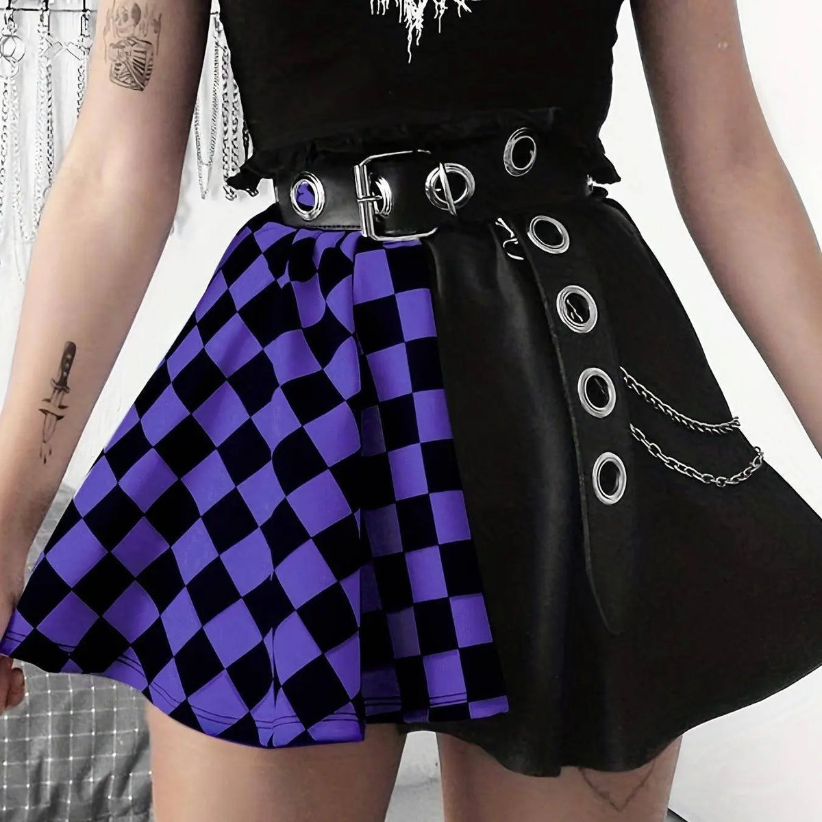 Chessboard Print Splicing Skirt, Gothic Ruched Punk Mini Skirt Without Belt, Women's Clothing - SS69