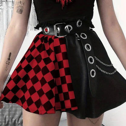 Chessboard Print Splicing Skirt, Gothic Ruched Punk Mini Skirt Without Belt, Women's Clothing - SS69