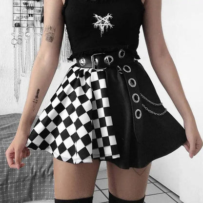 Chessboard Print Splicing Skirt, Gothic Ruched Punk Mini Skirt Without Belt, Women's Clothing - SS69