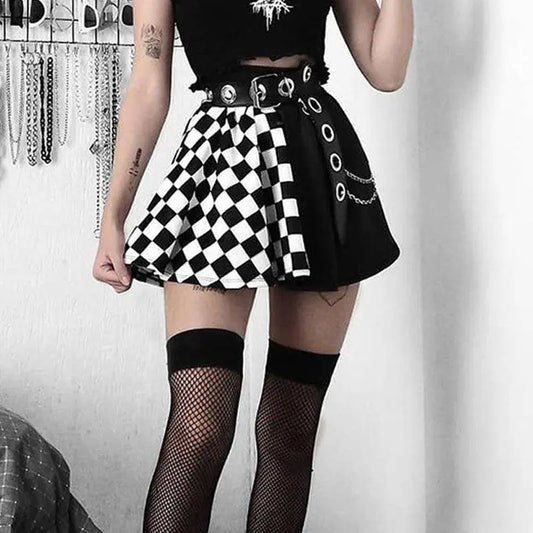 Chessboard Print Splicing Skirt, Gothic Ruched Punk Mini Skirt Without Belt, Women's Clothing - SS69