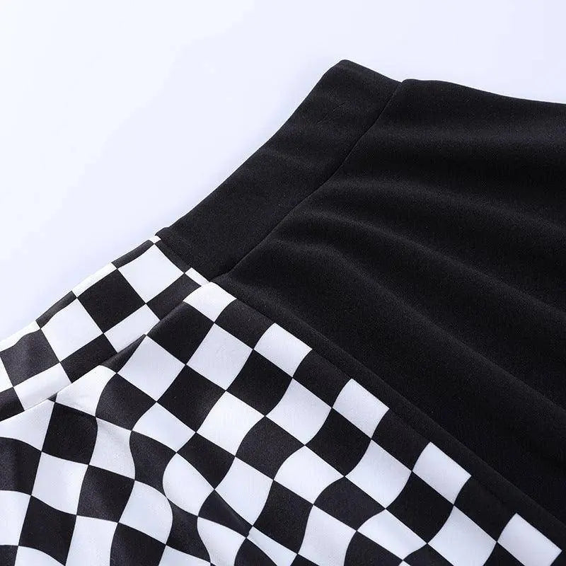 Chessboard Print Splicing Skirt, Gothic Ruched Punk Mini Skirt Without Belt, Women's Clothing - SS69